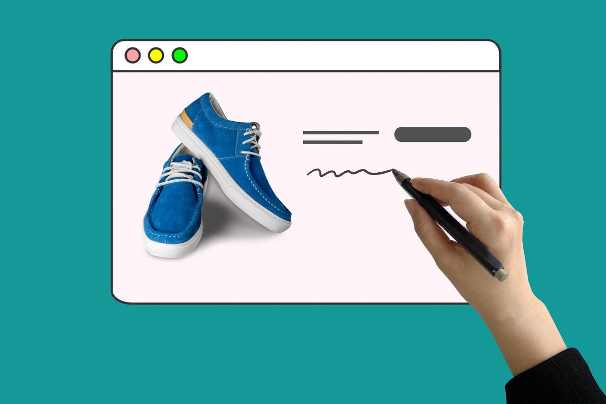 Hand with pen writing description for product on online store.