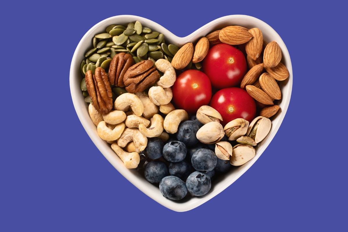 Healthy snack in heart shaped bowl.