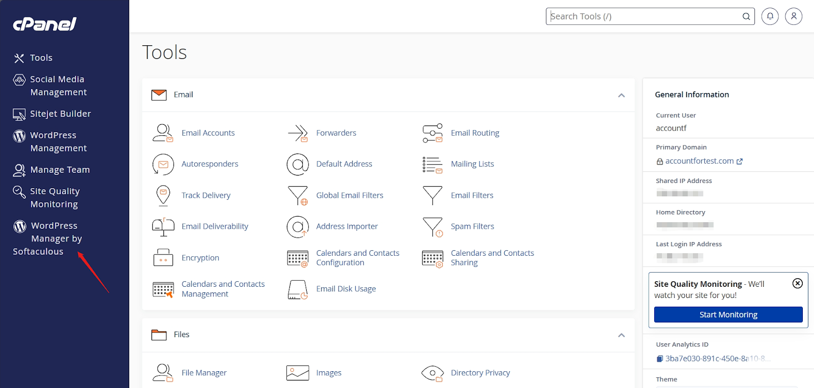 WordPress manager by Softaculous button