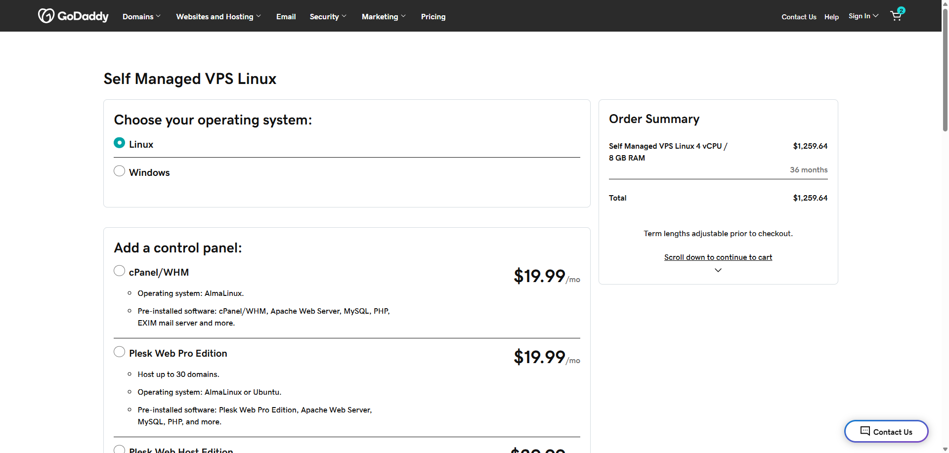 Hosting plan configuration