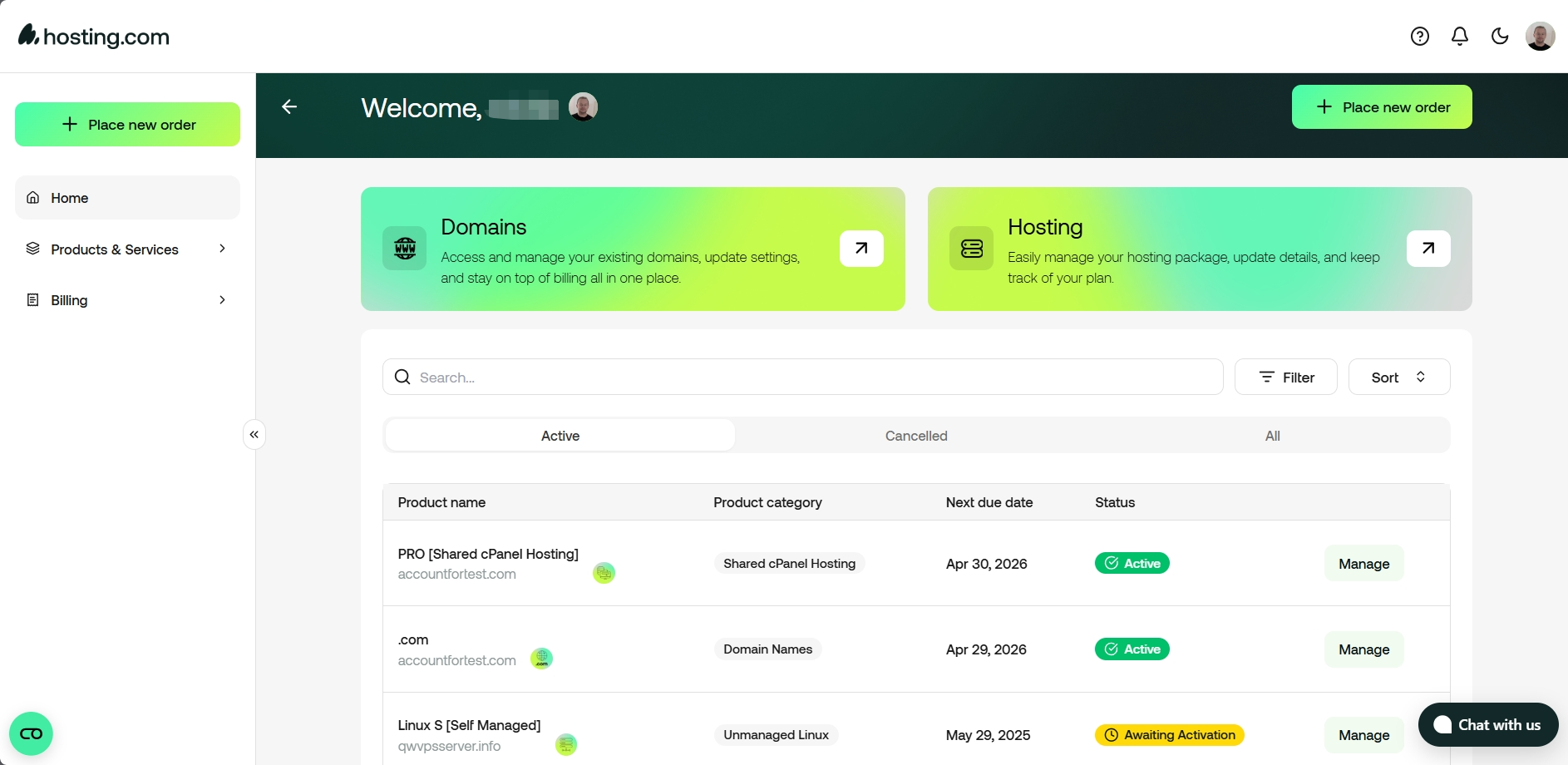 Hosting.com dashboard interface