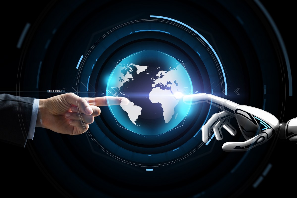 Human and Robot Hand with Virtual Earth Hologram.