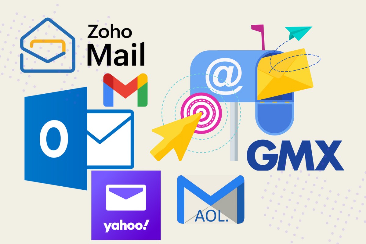 Kinds of email service provider logos neatly arranged with email icon.
