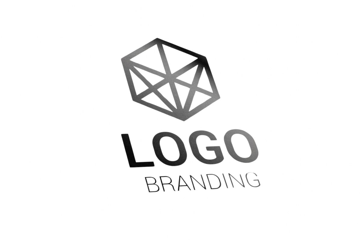 Logo branding word with hexagon figure on white background.