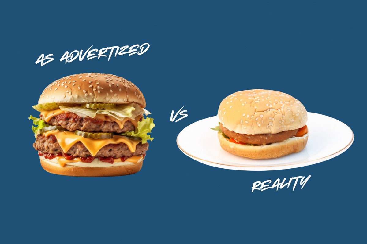Misleading ad sample: two burgers as advertized versus reality.