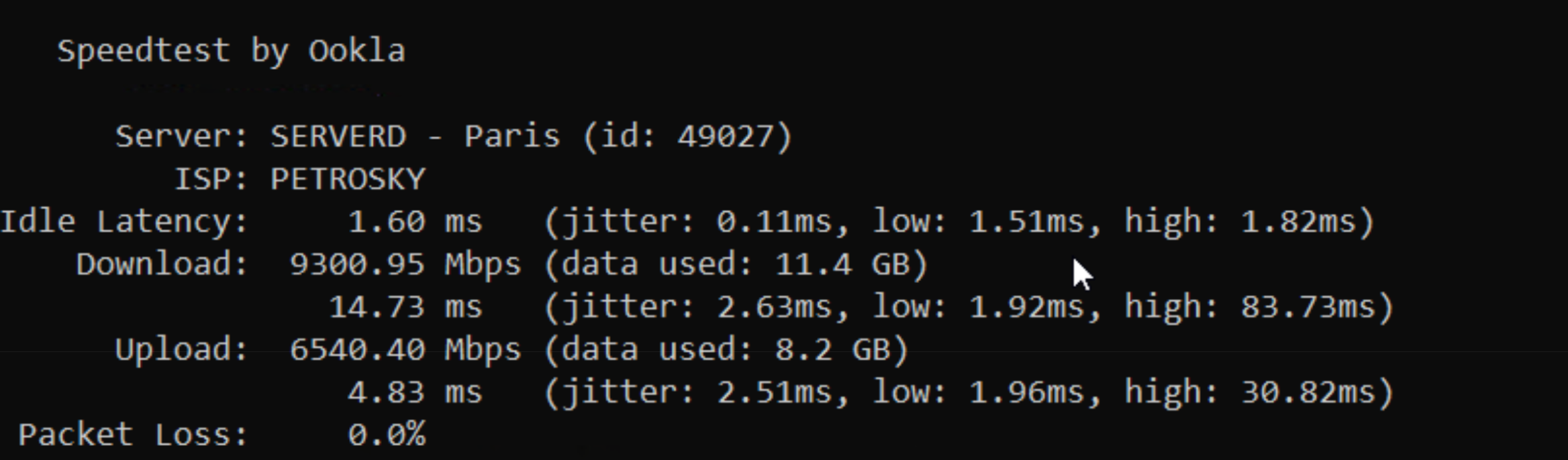 Network Speed Test result