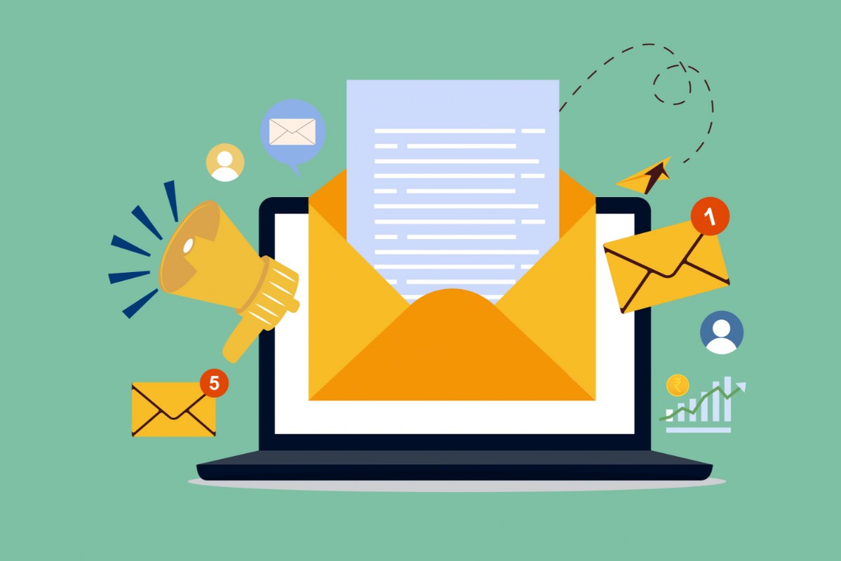 Newsletter marketing concept with laptop, email icon and megaphone.