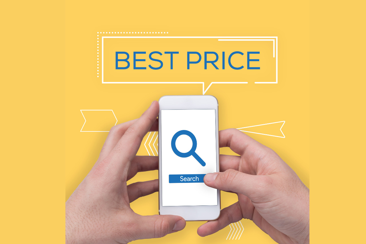 Phone with best price offer announcement in a speech bubble.