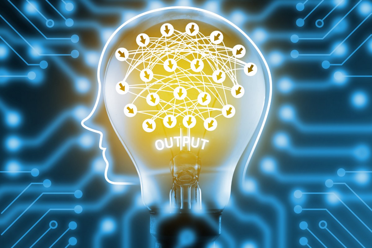Robot brain on light bulb with deep learning connect and electric circuits graphic.