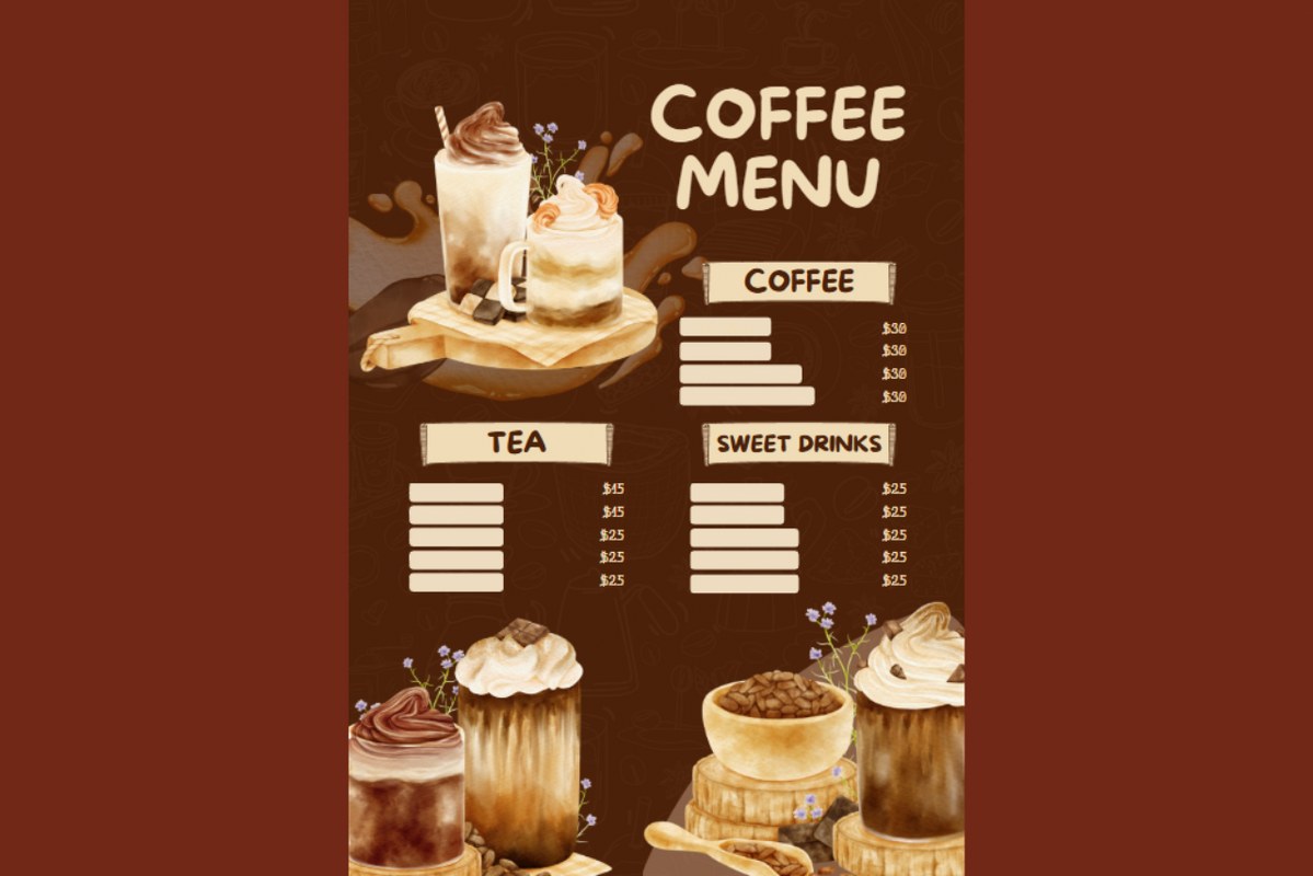 Sample of coffee menu, offering other items such as tea and sweet drinks.