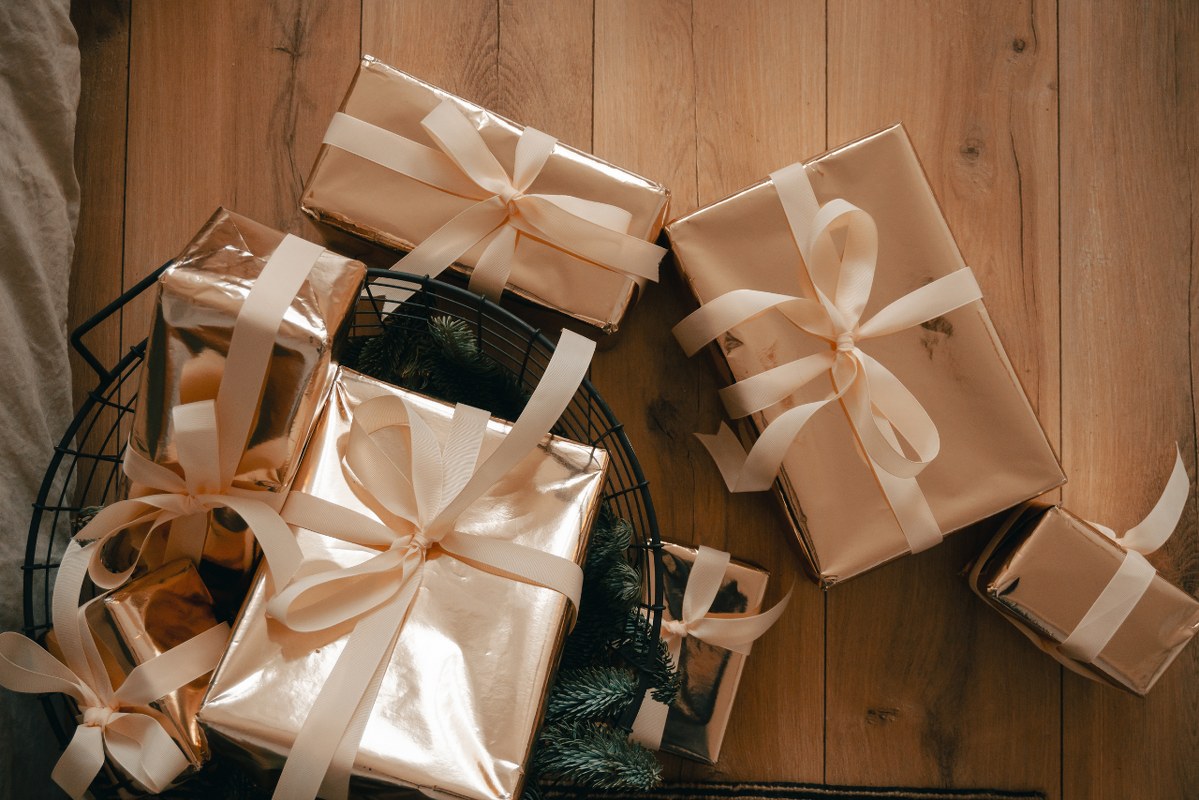 Several gifts on floor.