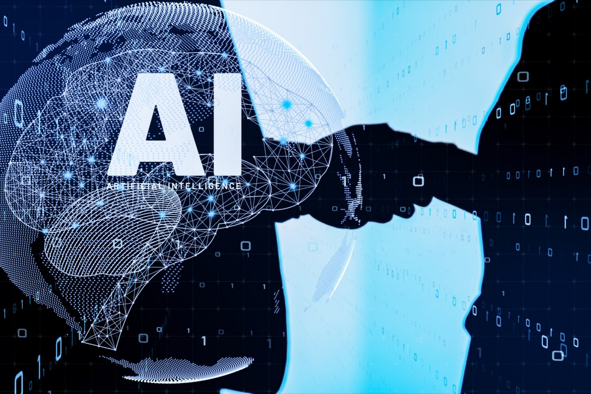 Silhouette of two people shaking hands against a futuristic AI backdrop.