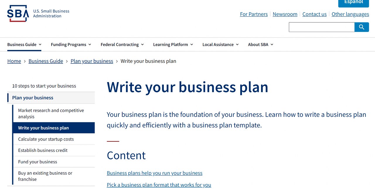 Small Business Administration website homepage.