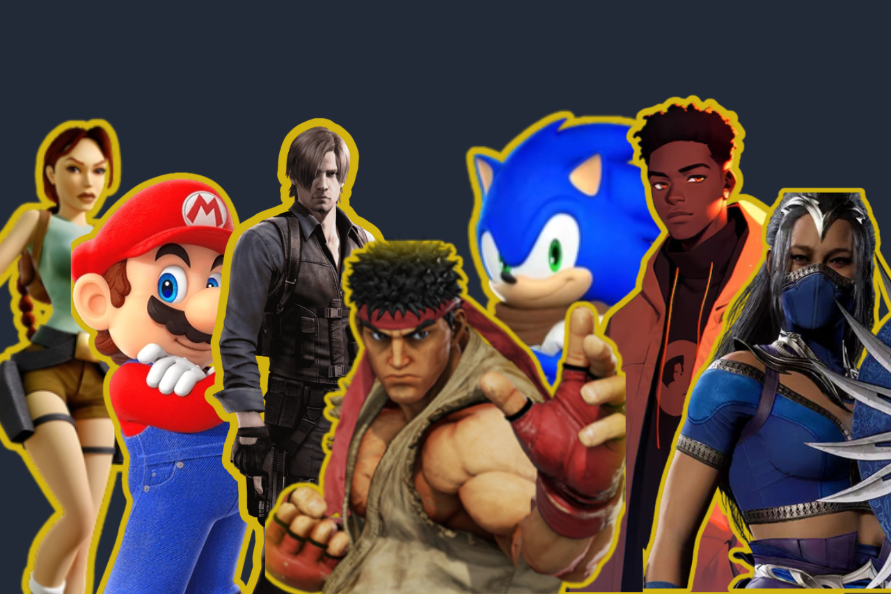 Some famous video game characters such as sonicboom, mario, lara croft, etc.