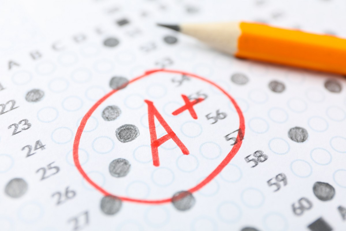 Test Score Sheet with Answers, Grade a+ and Pencil, Close up.