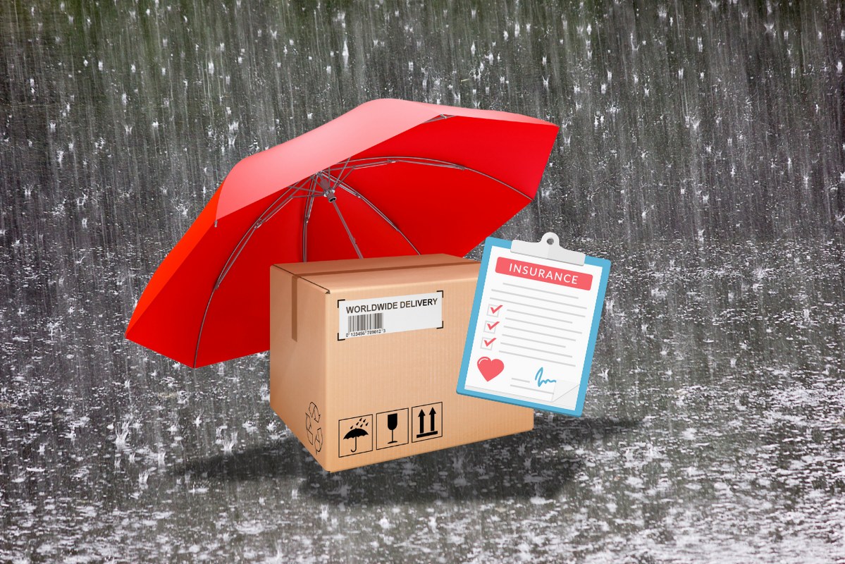 Umbrella under parcel with insurance contract, with raining background.