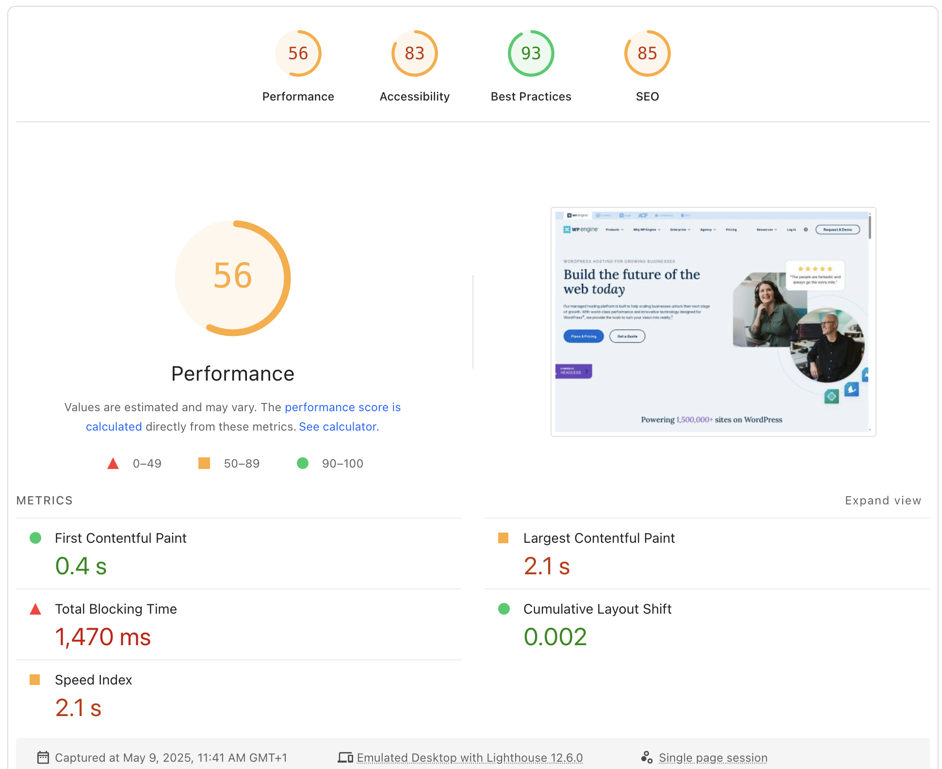 PageSpeed test result
