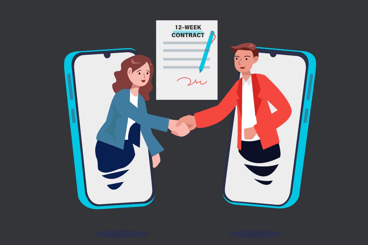Woman sign ups for subscription on phone and agrees to a 12-week fixed contract.