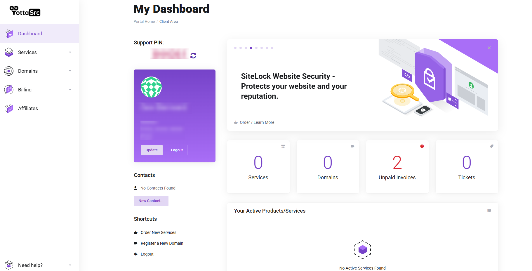 screenshot of the dashboard