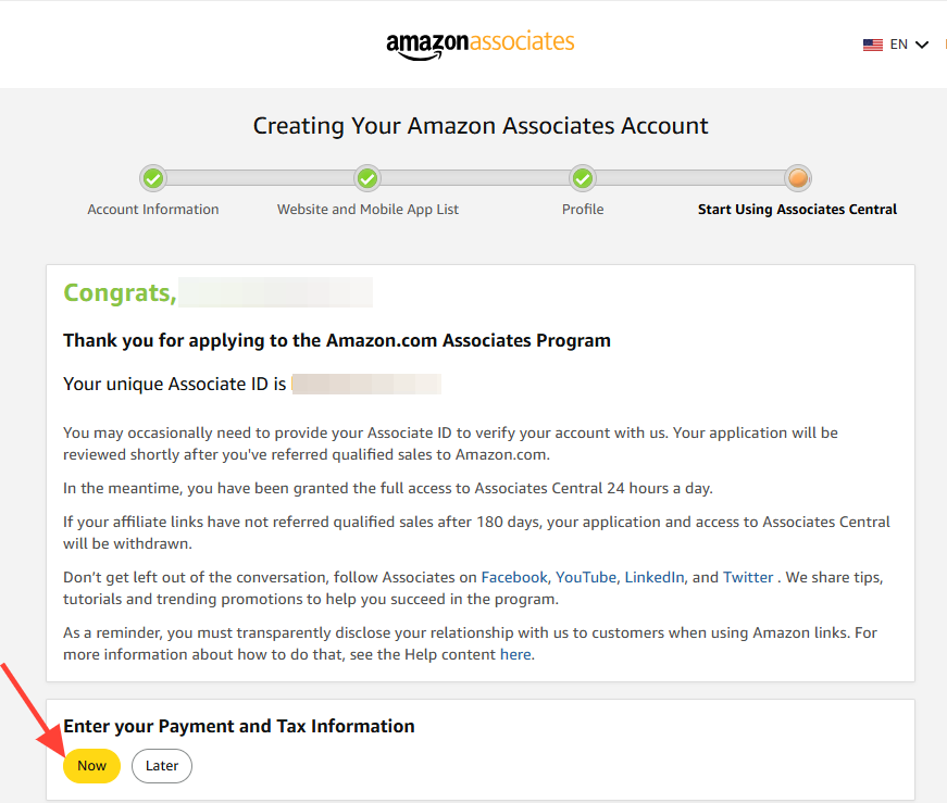 AWS Affiliate Program payment and tax information screenshot