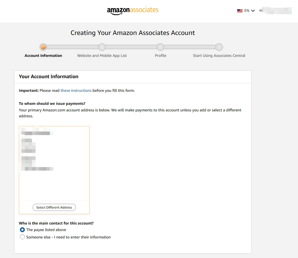 AWS Affiliate Program account information page screenshot