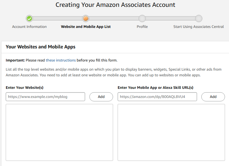AWS Affiliate Program add websites screenshot