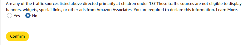 AWS Affiliate Program content for children notice screenshot