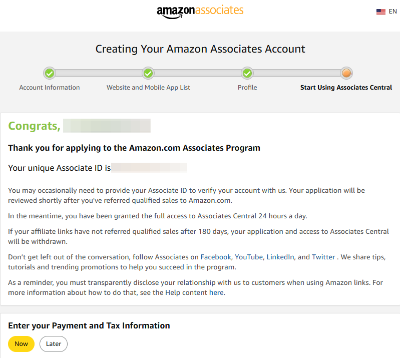 AWS Affiliate Program congratulations page screenshot