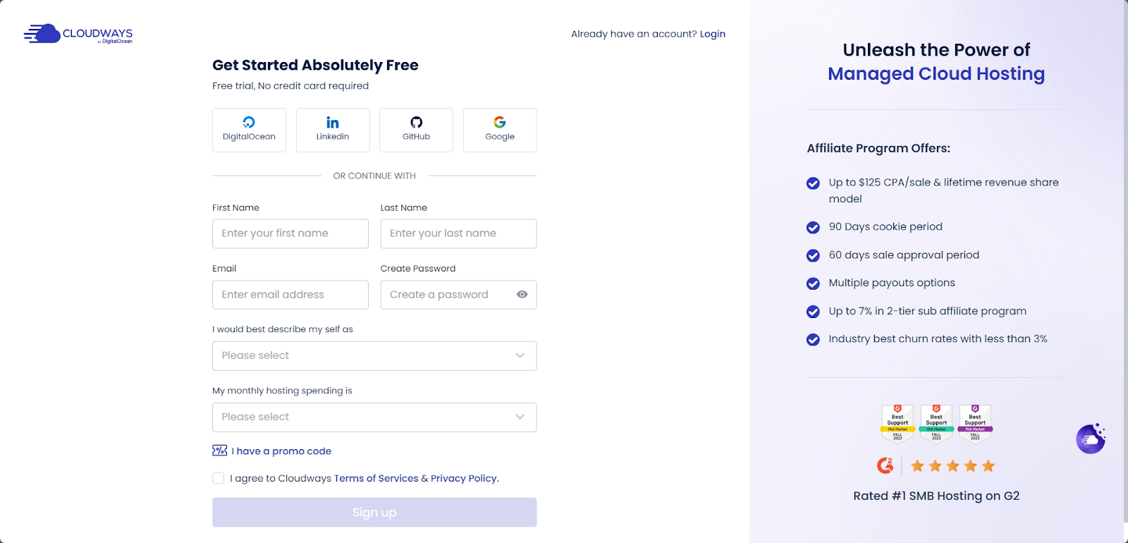 Social login options for Cloudways sign‑up screen