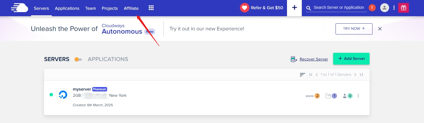 Navigating to Cloudways Affiliate application in dashboard