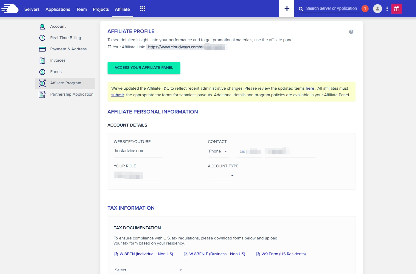 Cloudways affiliate profile questionnaire example