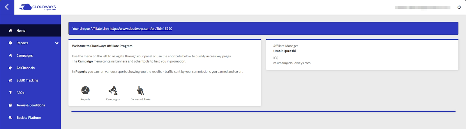 Cloudways affiliate panel displaying referral link and stats
