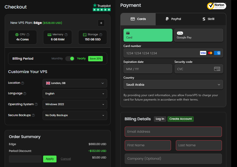 ForexVPS order confirmation screenshot