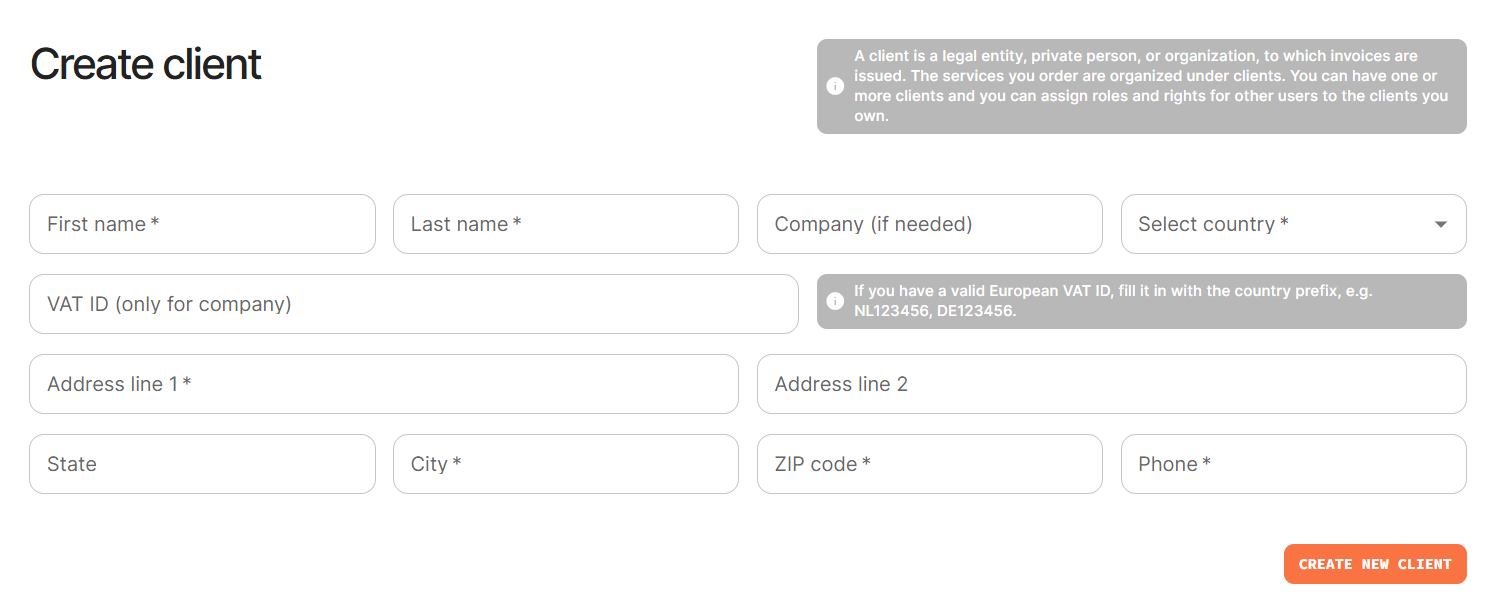 Fotbo create new client form