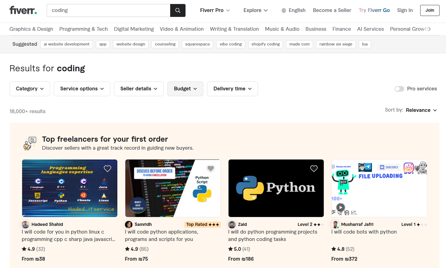 Freelance coding job search on Fiverr marketplace