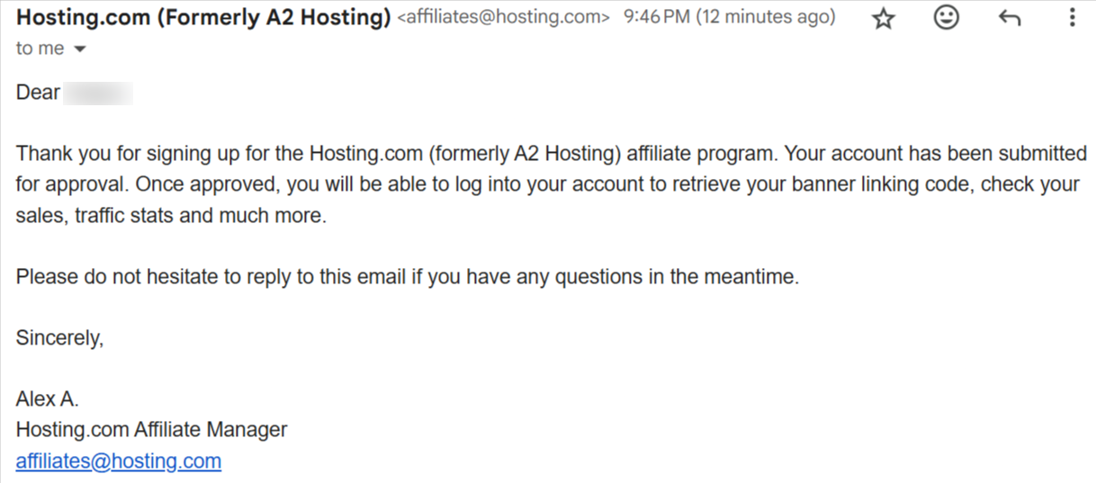 Email confirmation that Hosting.com affiliate application is under review