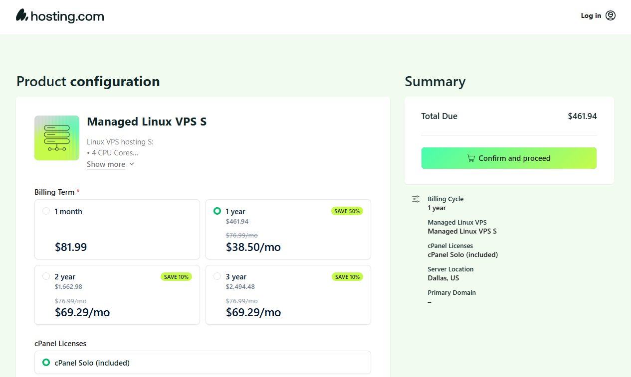Hosting.com account creation and login prompt for dedicated server purchase