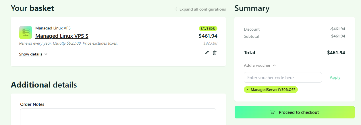 Order summary showing applied dedicated server promo code on Hosting.com