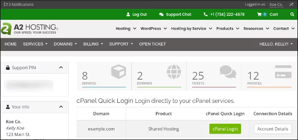 Hosting.com customer portal dashboard page
