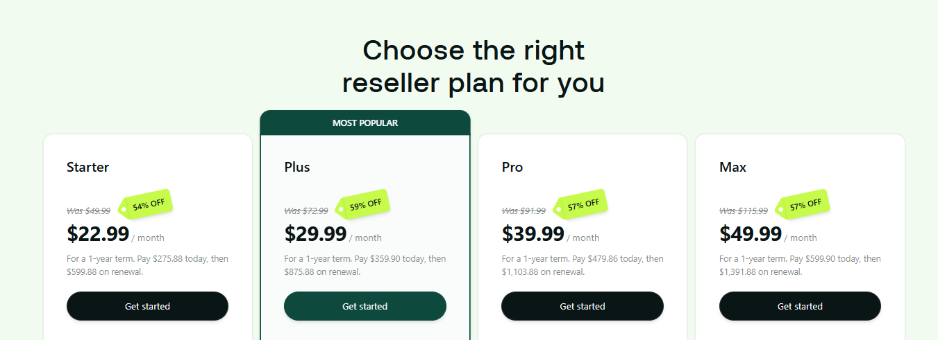 Screenshot of individual reseller hosting plans