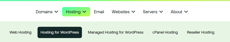 Screenshot of Hosting.com website showing the hosting drop-down menu with the WordPress Hosting option