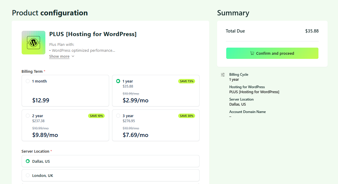 Hosting.com account creation and details setup screen