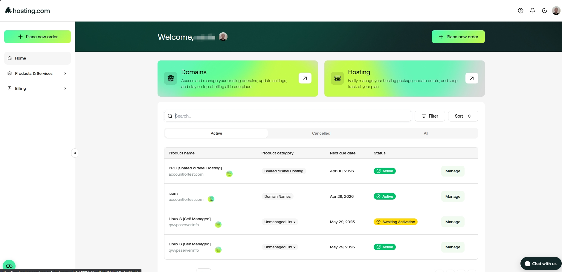 Hosting.com dashboard
