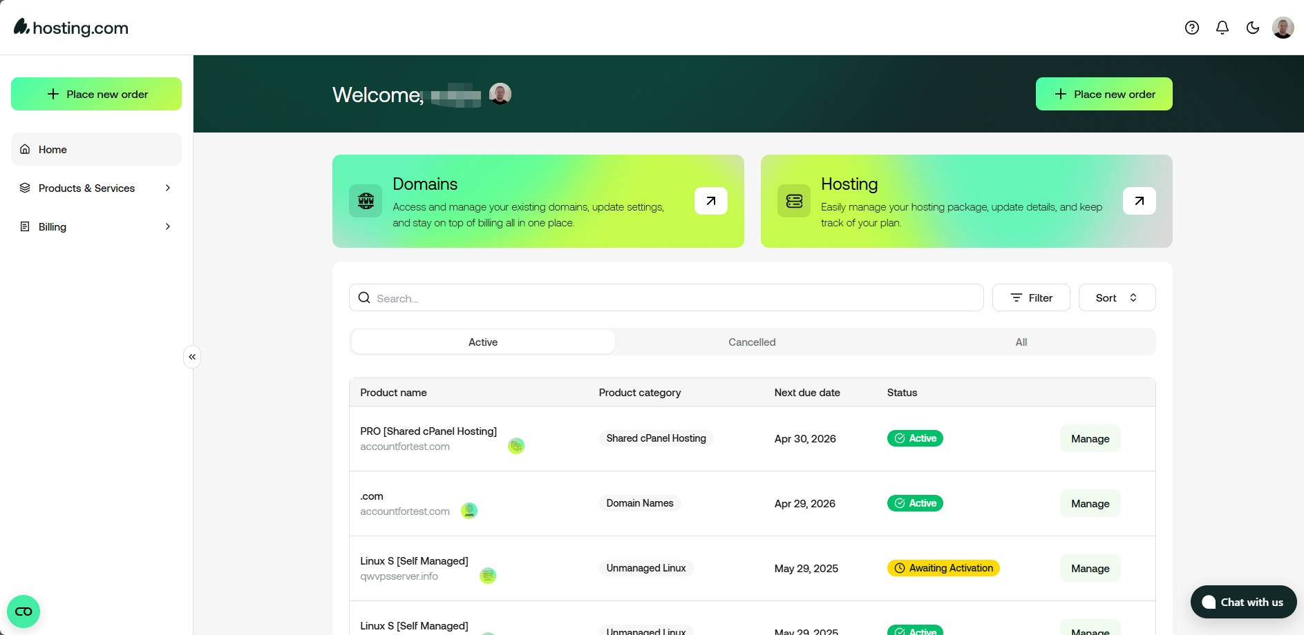 screenshot of the dashboard