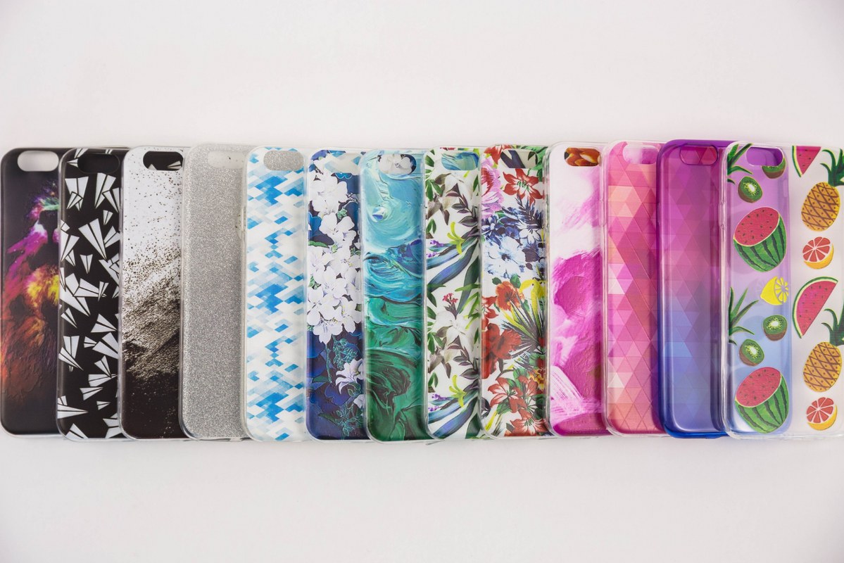 iPhone cases arranged neatly.