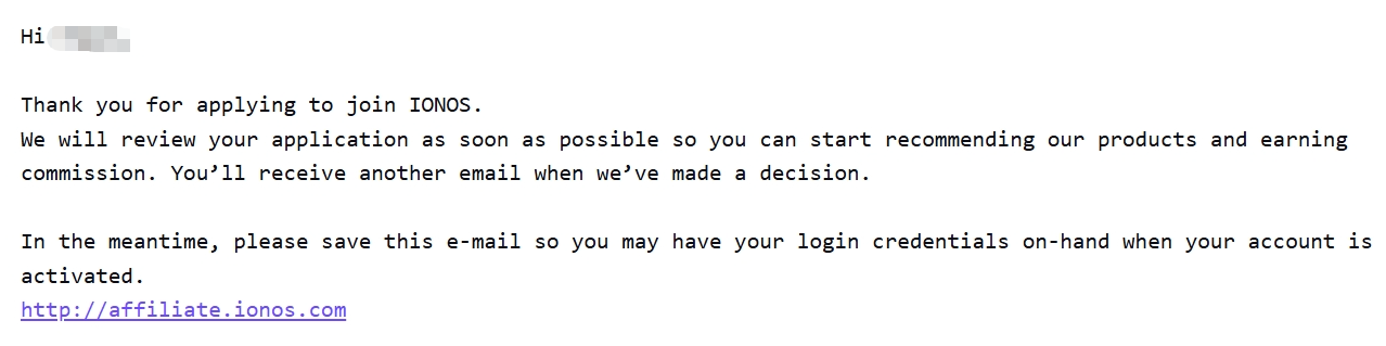 IONOS Affiliate Program application review confirmation email screenshot