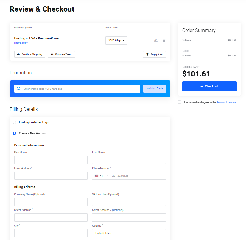 IPHOST checkout page with promotion field