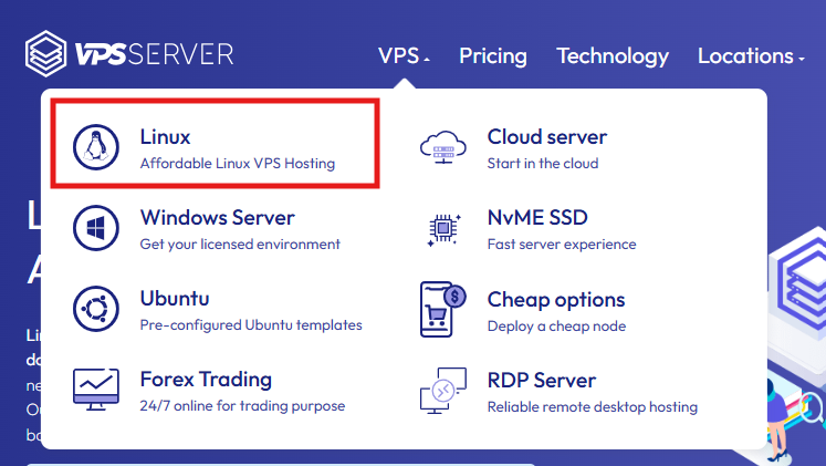 لقطة شاشة لصفحة خطط VPSserver Linux VPS
