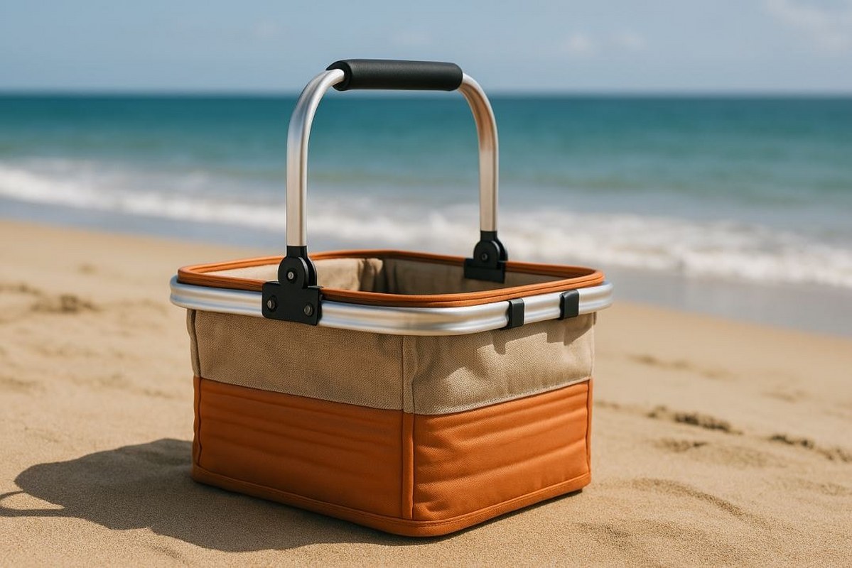 A collapsible picnic basket on a beach