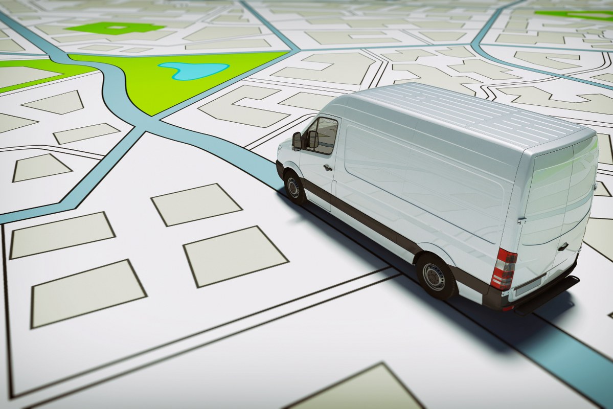A delivery van on a GPS map, showing real-time tracking updates.